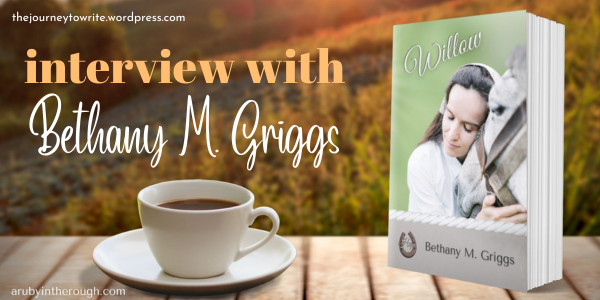 mock-up of a Willow paperback resting on a picnic table with a cup and saucer of coffee; text reads, "interview with Bethany M. Griggs."